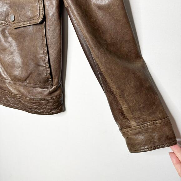 Banana Republic Brown Leather Bomber Jacket Mens M Full Zip Band Collar Lined - Picture 5 of 13